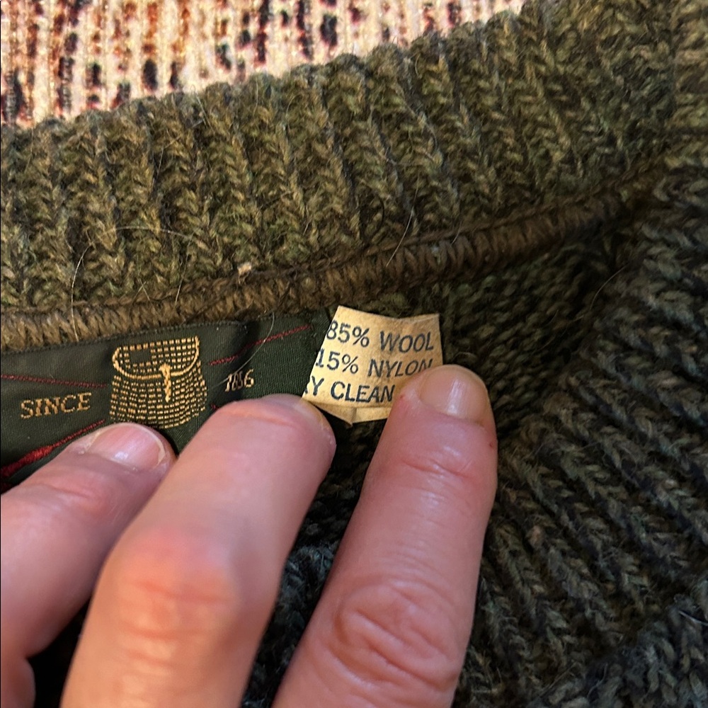 Orvis Men's Dark Green Sweater with Black Suede Patches - Picture 3 of 7